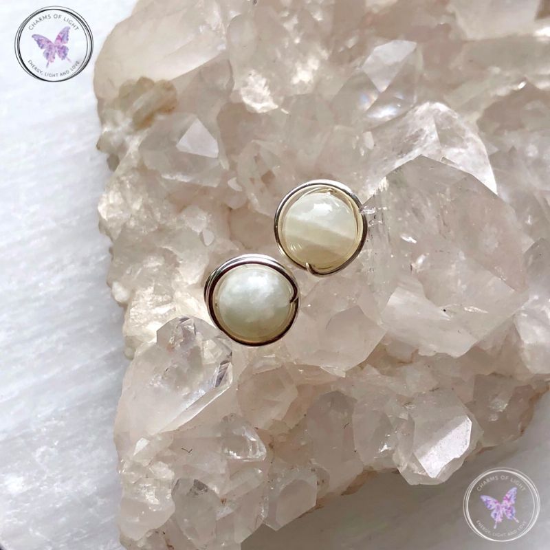 Moonstone Silver Wire Wrap Stud Earrings